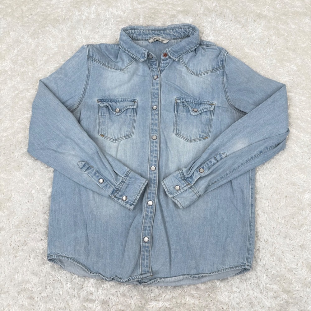 MNG Mango Men's S Small Denim Chambray LS Top Pearl Snap Casual